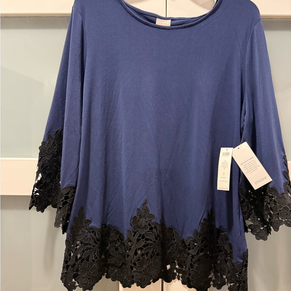 Chico's Navy Blue Black Lace-Hem 3/4 Sleeve Top Chico’s size 2 (Medium 8/10) NWT